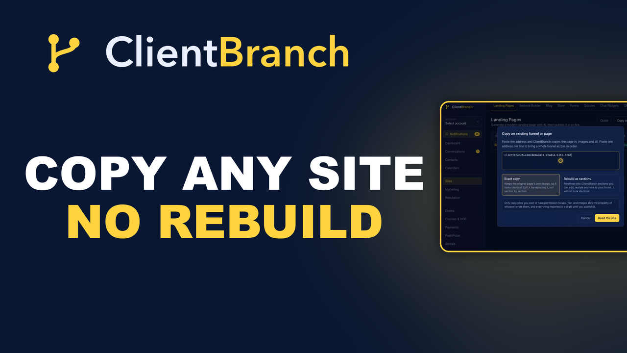 The ClientBranch copy dialog with a website address pasted into it