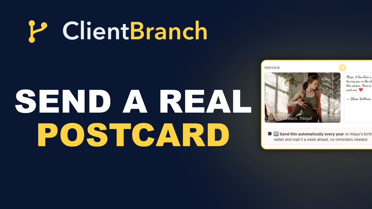 The Send Postcard preview in ClientBranch showing the front and back of a printed 6 by 9 photo postcard